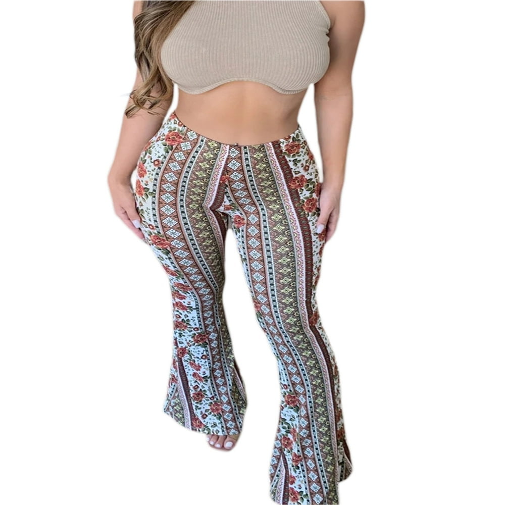 Womens Floral Print Boho Flare Pants Casual High Waist 90s