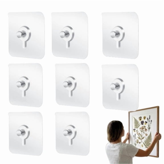 No Drill Adhesive Hooks, Wall Hooks Self Adhesive Wall Mount Screw Hooks Upgraded Picture Hangers Without Nails Nail Free Wall Hangers for Home Bathroom Kitchen (2.36" × 2.36", 8pcs)