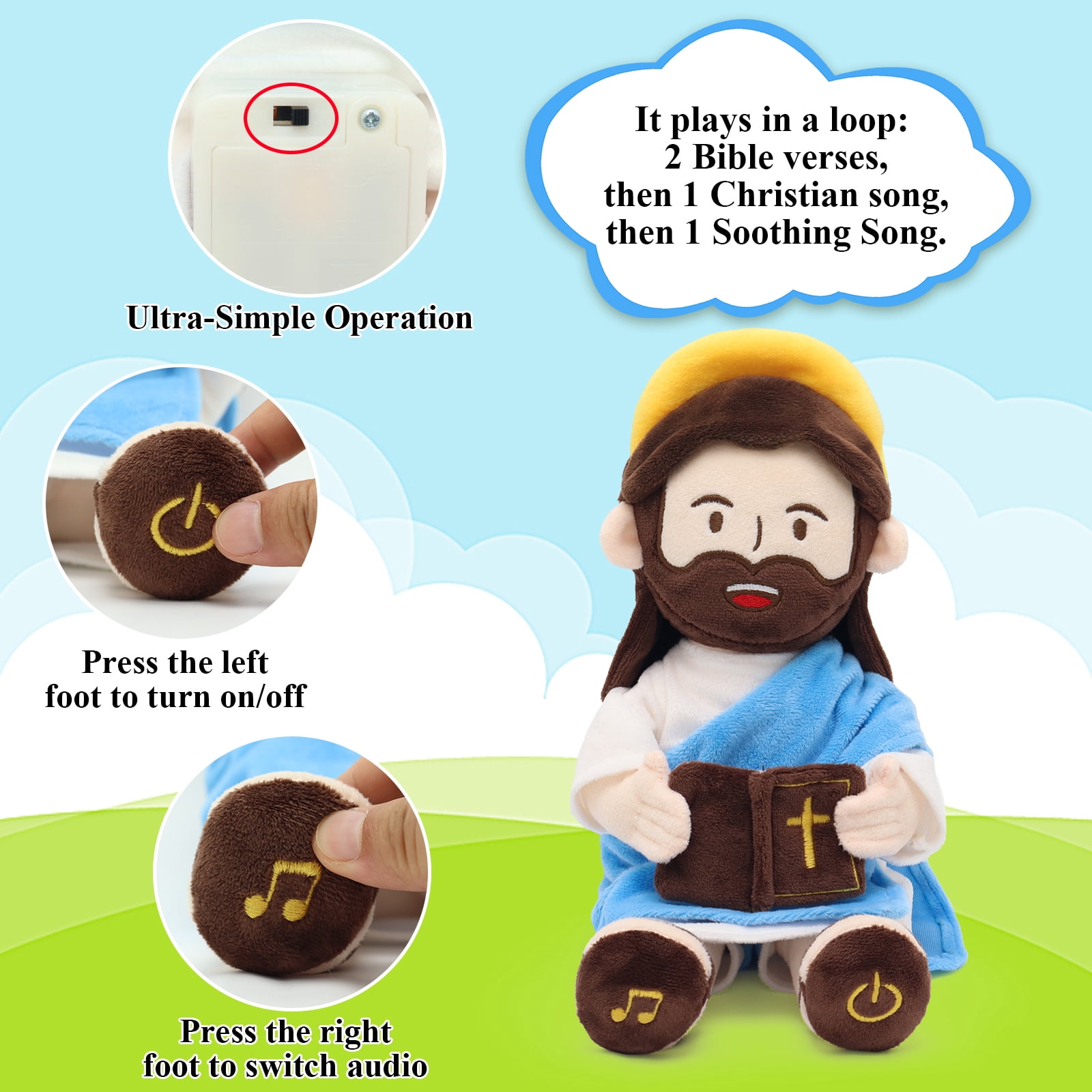 13.4"/34cm Talking & Singing Jesus Plush Doll, Christian Stuffed Toy For Kids, Plays Bible Verses & Hymns, Religious Gift For Xmas, Christening, Baptism, Easter, Sunday School, Nursery Decor