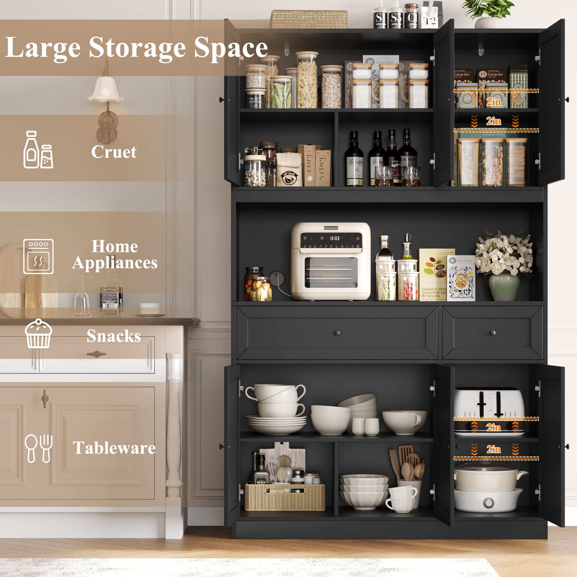 Homfa 72" Tall Kitchen Pantry with Microwave Shelf, Freestanding Kitchen Cupboard, Floor Cabinet for Dining Room, Black