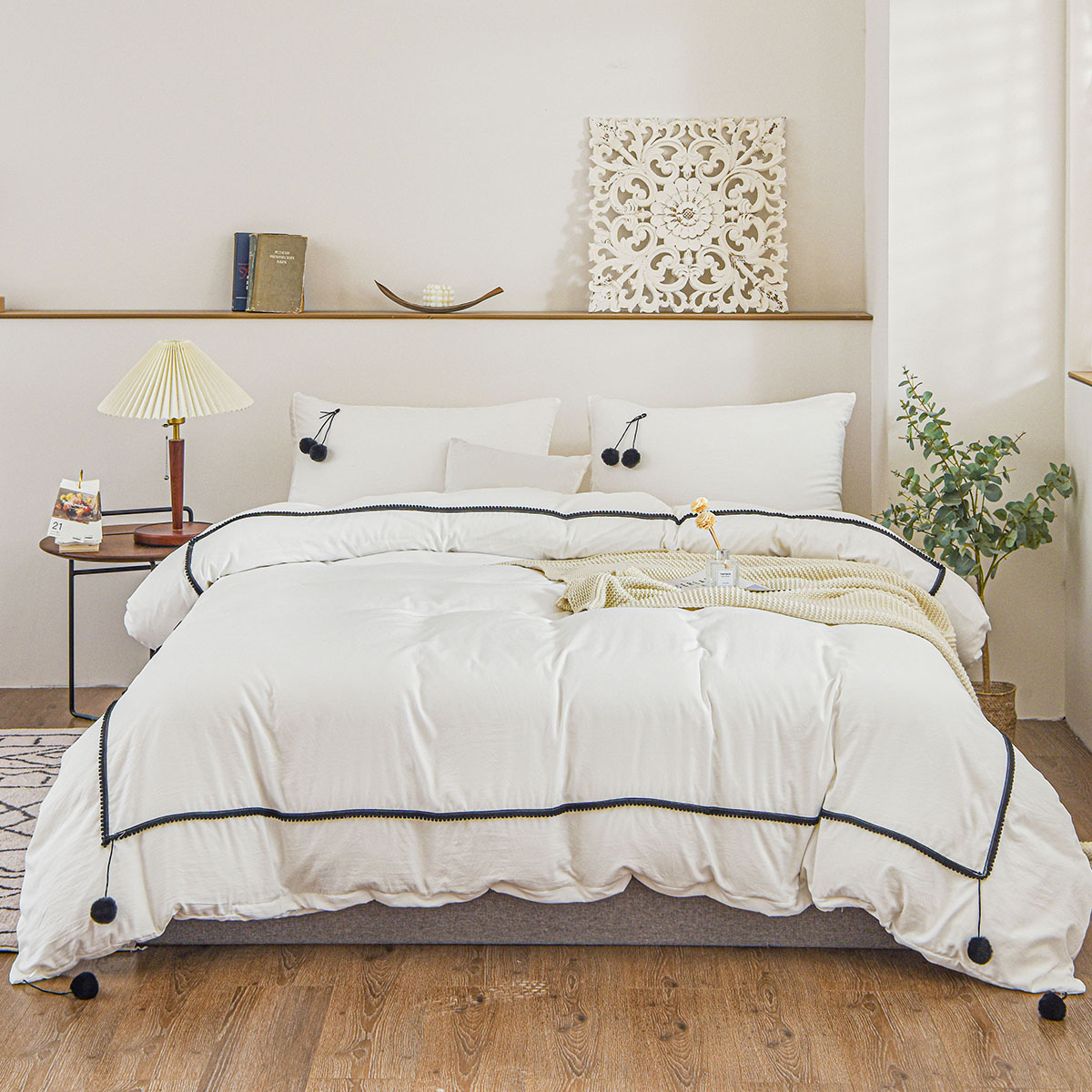 Move Over White Ruched Pom Poms Duvet Cover Set 100 Washed Microfiber