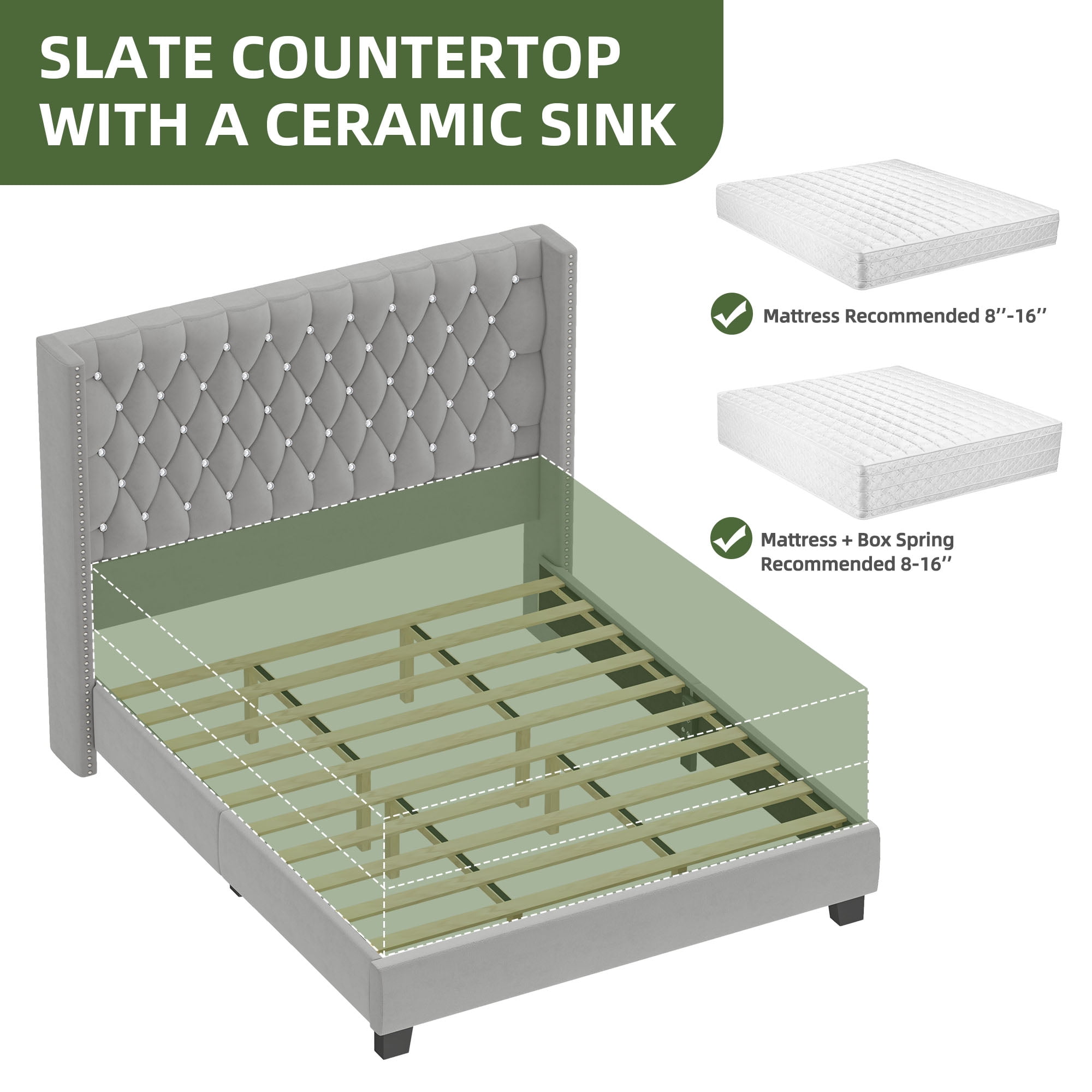 Uforic King Wingback Bed Frame with 58" Tall Headboard and USB Charging Stations, Tufted Velvet Upholstered Platform Bed, Easy Assembly, Gray