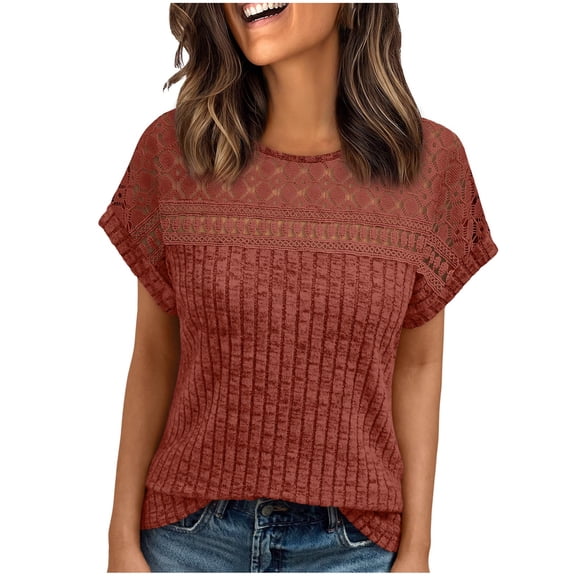 BLVB Women's Tops Casual Crewneck Short Sleeve Ribbed Knit Hollow out Shirts Loose Summer Fashion Tunic Tops Blouses