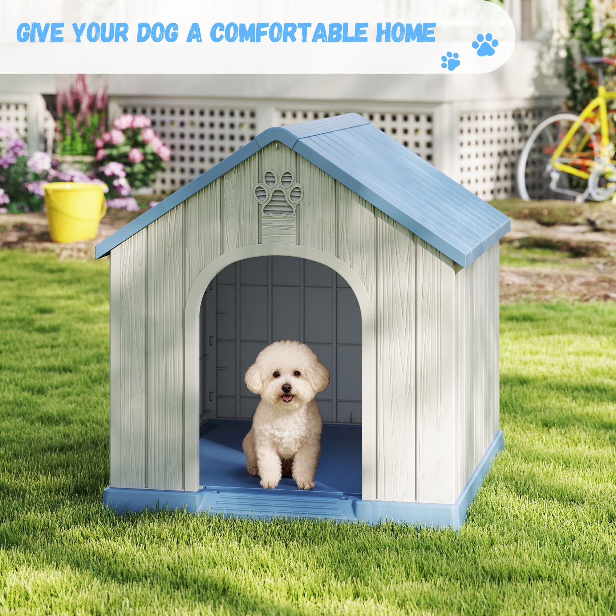 FICARTS Indoor/Outdoor Weather-Resistant Dog House, Elevated Pet Shelter with Sloped Roof & Ventilation, Durable Dog Kennel for Medium to Large Dogs