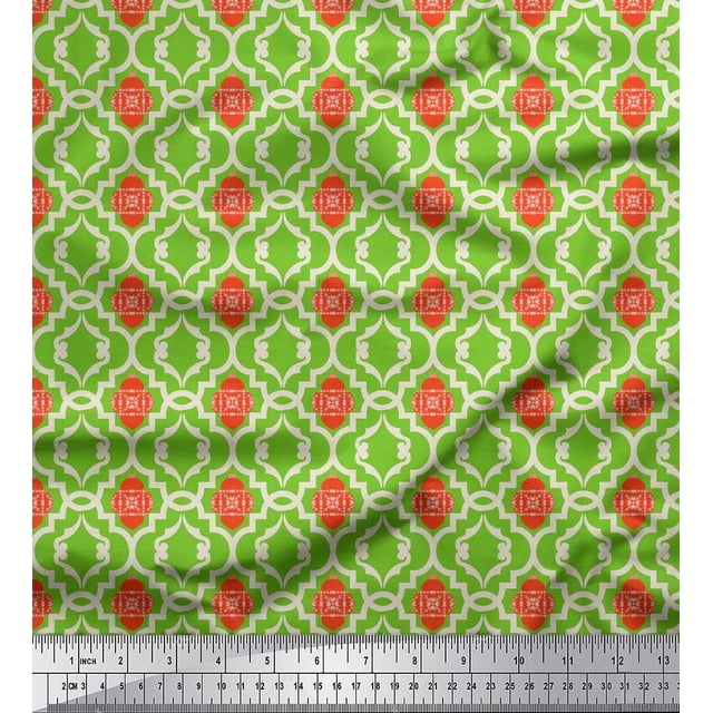 Soimoi polyester Crepe Fabric Ornament & Quatrefoil Damask Printed Fabric 1 Yard 42 Inch Wide