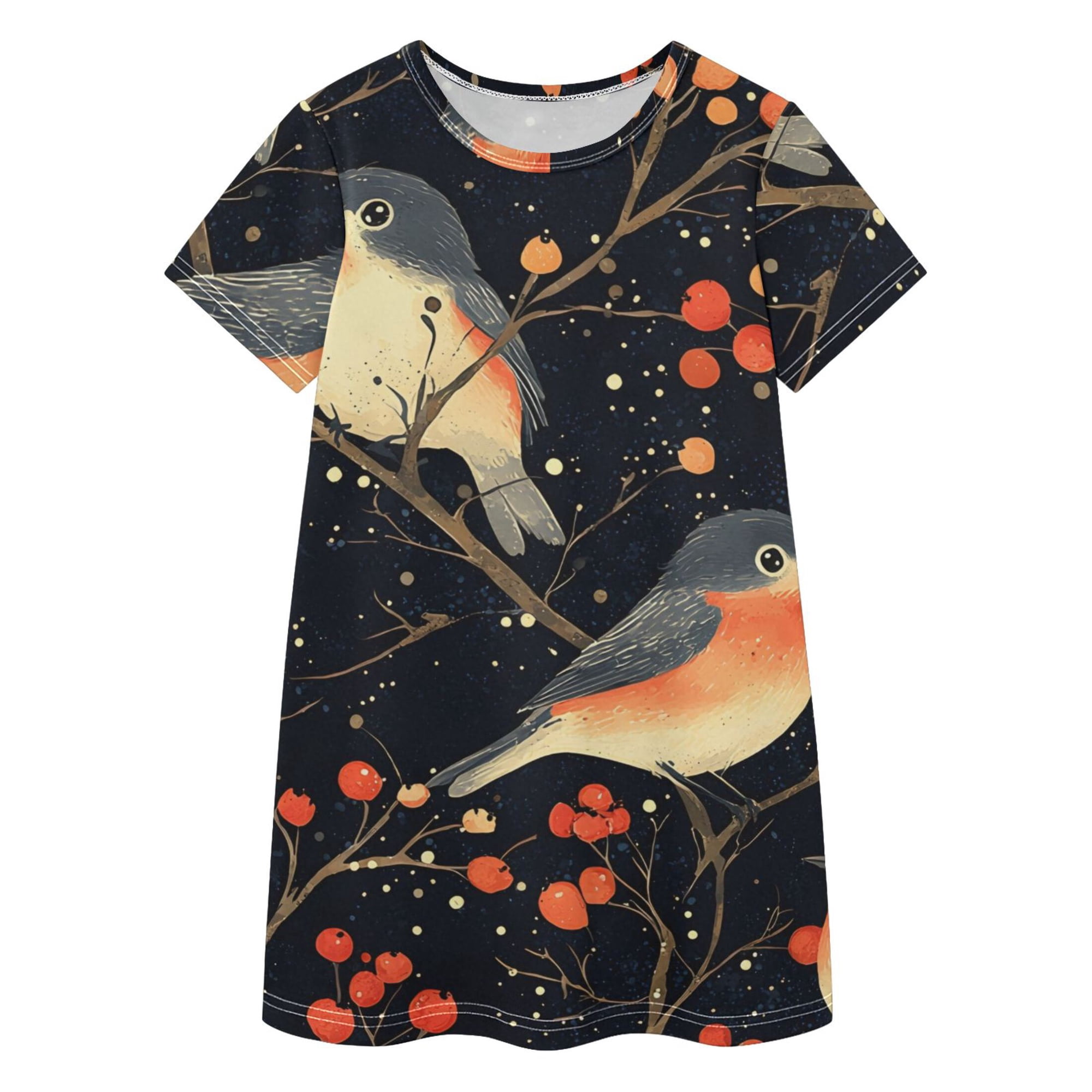 BZSMCE Short Sleeve dress Dress Casual Cotton Dresses-Bird Berry Pattern Of Pattern