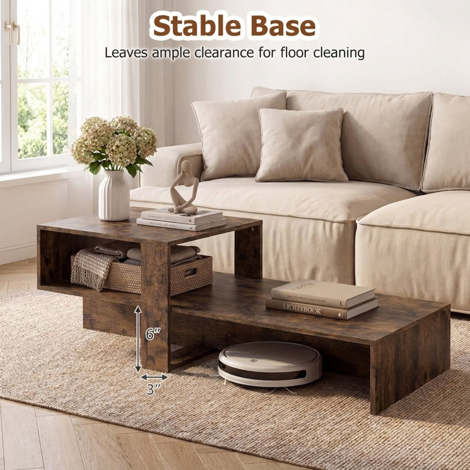 Furnibear 2 Tier Modern Irregular Coffee Table with Open Storage Shelf and Geometric Silhouette for Living Room for Home and Living Space, Brown