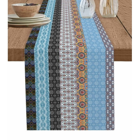 

Table Runner Dresser Scarves 48 Inch Long Ethnic Abstract Splicing Art Linen Dining Table Runners Colorful Tribal Circle Stripe Tabletop Scarf for Wedding Holiday Party Kitchen