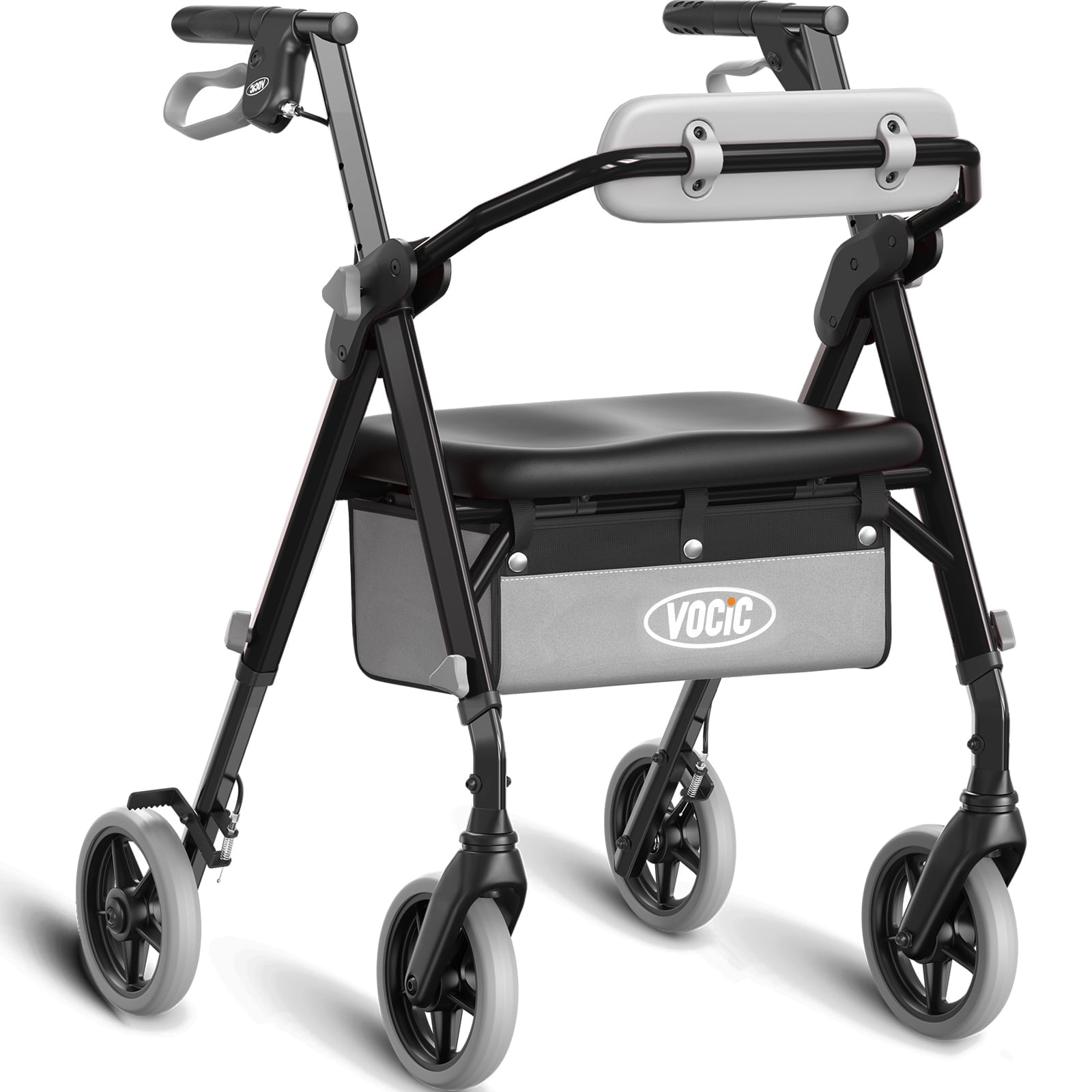 VOCIC Z11 X-Way Adjustable Foldable 4-Wheel Rollator with Seat and Backrest, Black, 380 lb Limit