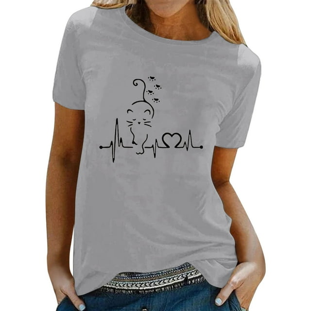 TSADFHJI Hauts en Mousseline pour Femmes Grande Taille Femmes Printemps Été T-Shirt à Manches Courtes à Col Rond Imprimé Chats Haut TTG Gris