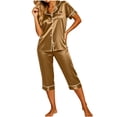 thumbnail image 2 of XUNKUSGA Women's Satin Pajama Sets 2 Piece Capri Pajamas Short Sleeve Lapel Button Down Shirts Silk Pjs Lightweight Breathable Casual Pajamas for Women Set Brown S, 2 of 8