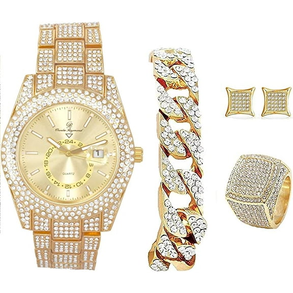 Bling-ed Out It's Lit! Hip Hop Watch & Jewerly Set w/Cuban Chain Bracelet in Gold, Kite Bling Earrings & Ring - GJM13