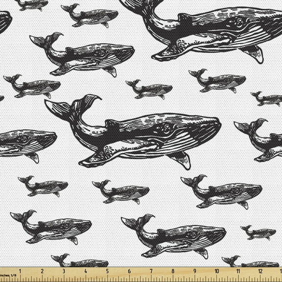 Ambesonne Sealife Fabric by the Yard Upholstery, Hand Drawn Big Whales, 1 Yard, Black and White