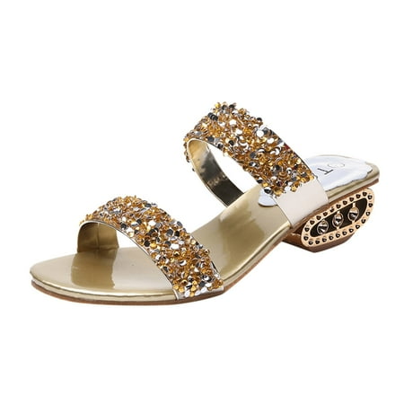 

Youmylove Women Sandals Fashion Summer Thick Sole Low Double Strap Shiny Sequins Trendy Leisure Simple Shoes Female Footwear