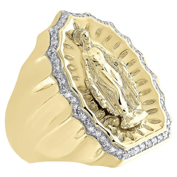 10K Yellow Gold Round Diamond 24mm Virgin Mother Mary Pinky Ring Band 1/3 CT.