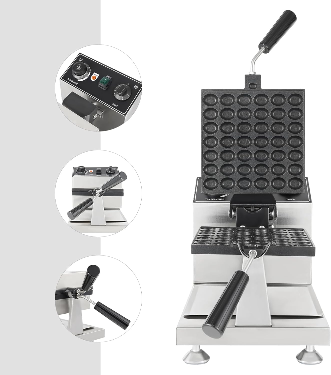 Belgian Waffle Maker, 42 Grids 1200W Nonstick Stainless Steel Mini Round Waffle Iron, 122-572°F Temp Control Range for Restaurant, Snack Bar, Food Stall (42 Grids Waffle Maker)