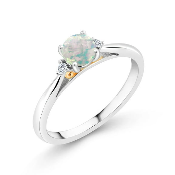 Gem Stone King 925 Sterling Silver and 10K Yellow Gold White Simulated Opal and White Lab Grown Diamond Engagement Ring for Women | 0.54 Cttw | Gemstone Birthstone (Size 5)