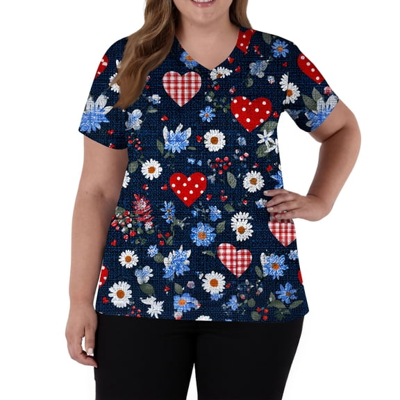 Lumtrix Valentines Scrubs for Women V Neck Cute Heart Printed Tops Soft Side Slit Short Sleeve Nursing Uniform Plus Size Shirts with Pockets Dark Blue S