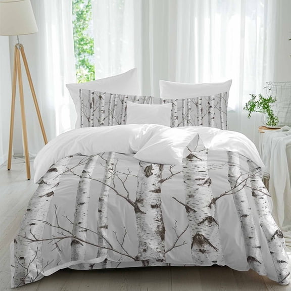 Nature Birch Trees Comforter Set Twin Size, Modern Gray Modern Tree Bark Texture Forest Soft Bedding Set for Man Woman, 4 Pieces Duvet Cover Set with Flat Sheet, 2 Pillowcases
