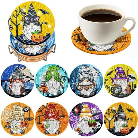 

8 PCS Halloween Gnome Diamond Art Painting Coasters DIY Halloween Diamond Art Coasters Kit with Holder 5D Diamond Coasters for Beginner Adults Art Craft Supplies Gift