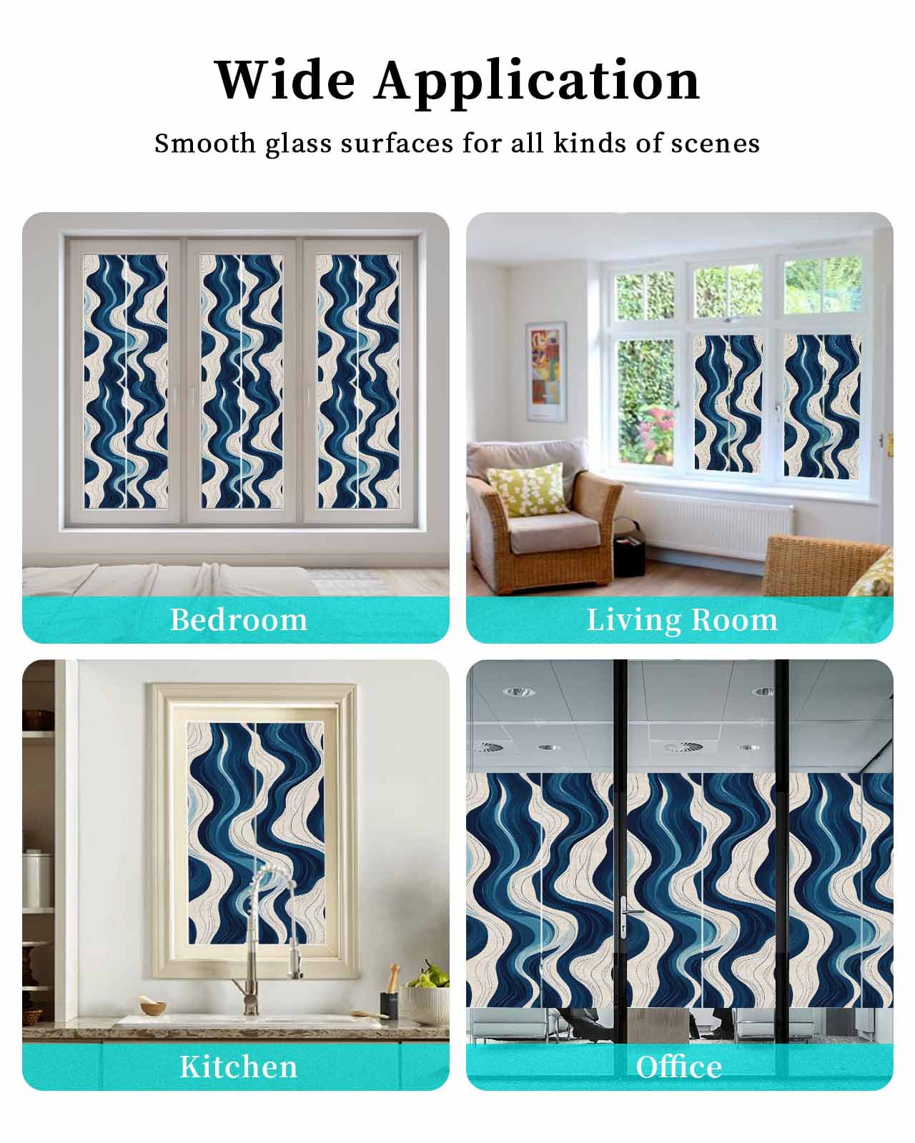 Window Privacy Film Geometric Blue Stained Glass Window Film Decorative Sun Block Window Cover Vintage White Stripe Coastal Sea Wave Window Clings Static Adhesive Sticker for Bathroom 35.4"x78.7"