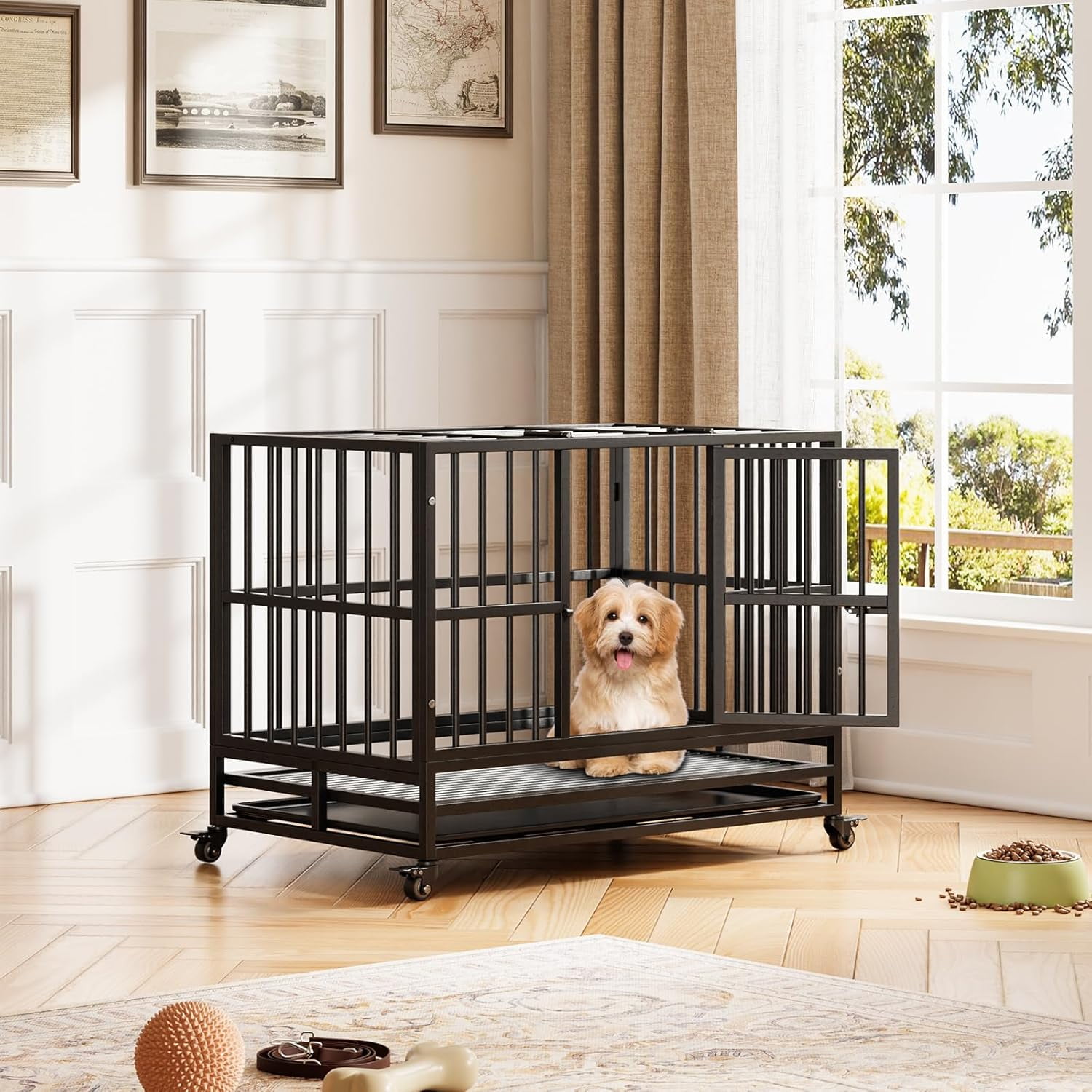 Historyli Large Heavy Duty Dog Crate-37 Inch Metal Dog Cage Kennel Portable Crate-Indoor/Outdoor with Double Door Lockable Wheels and Removable Tray for Small Medium Large Dogs