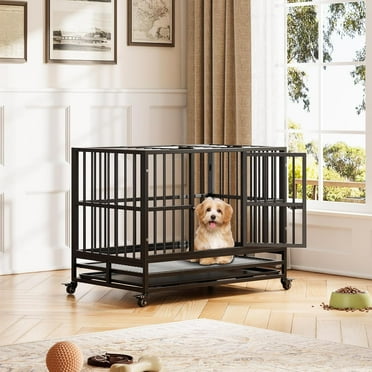 Luku Heavy Duty Dog Crate - Foldable Indoor Cage with Double Door and Lockable Wheels