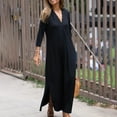 thumbnail image 2 of Besolor Maxi Dress for Women Trendy V Neck 3/4 Sleeve Casual Loose Split Flowy Fall Spring Long Dresses, 2 of 8