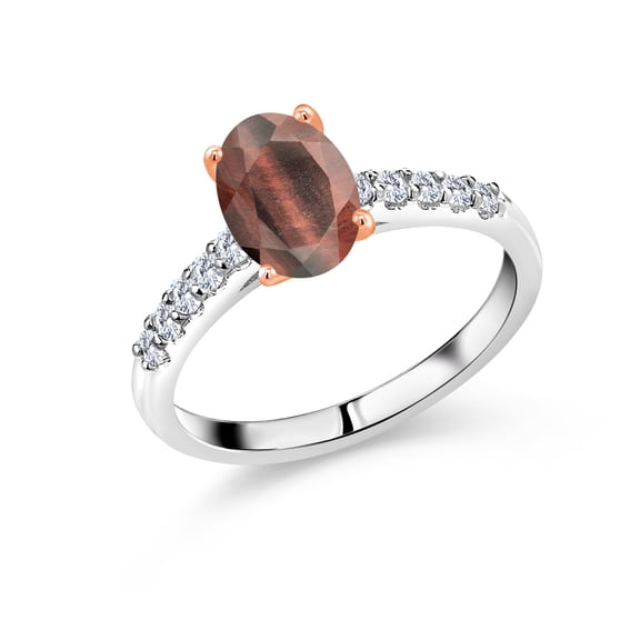 Gem Stone King 1.70 Ct Red Tiger Eye E-F Lab Grown Diamond 925 Silver and 10K Rose Gold Ring (Size 9)