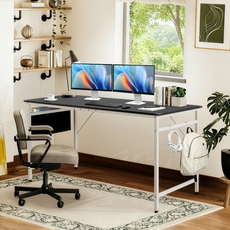 KTAXON 63″ WOOD COMPUTER DESK PC LAPTOP TABLE WORKSTATION STUDY HOME OFFICE FURNITURE, BLACK