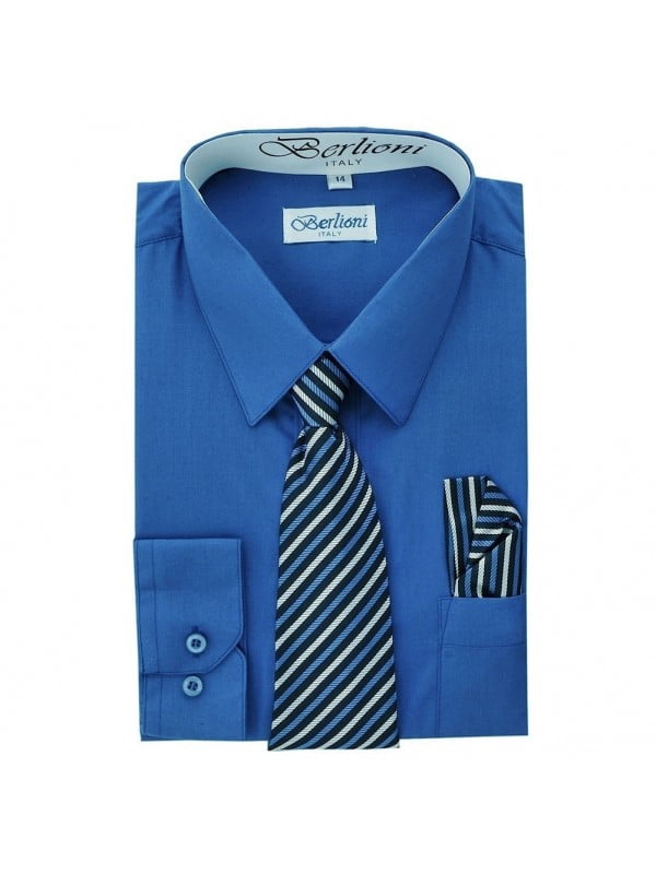 Berlioni Kids Boys Long Sleeve Dress Shirt With Tie and Hanky Blue