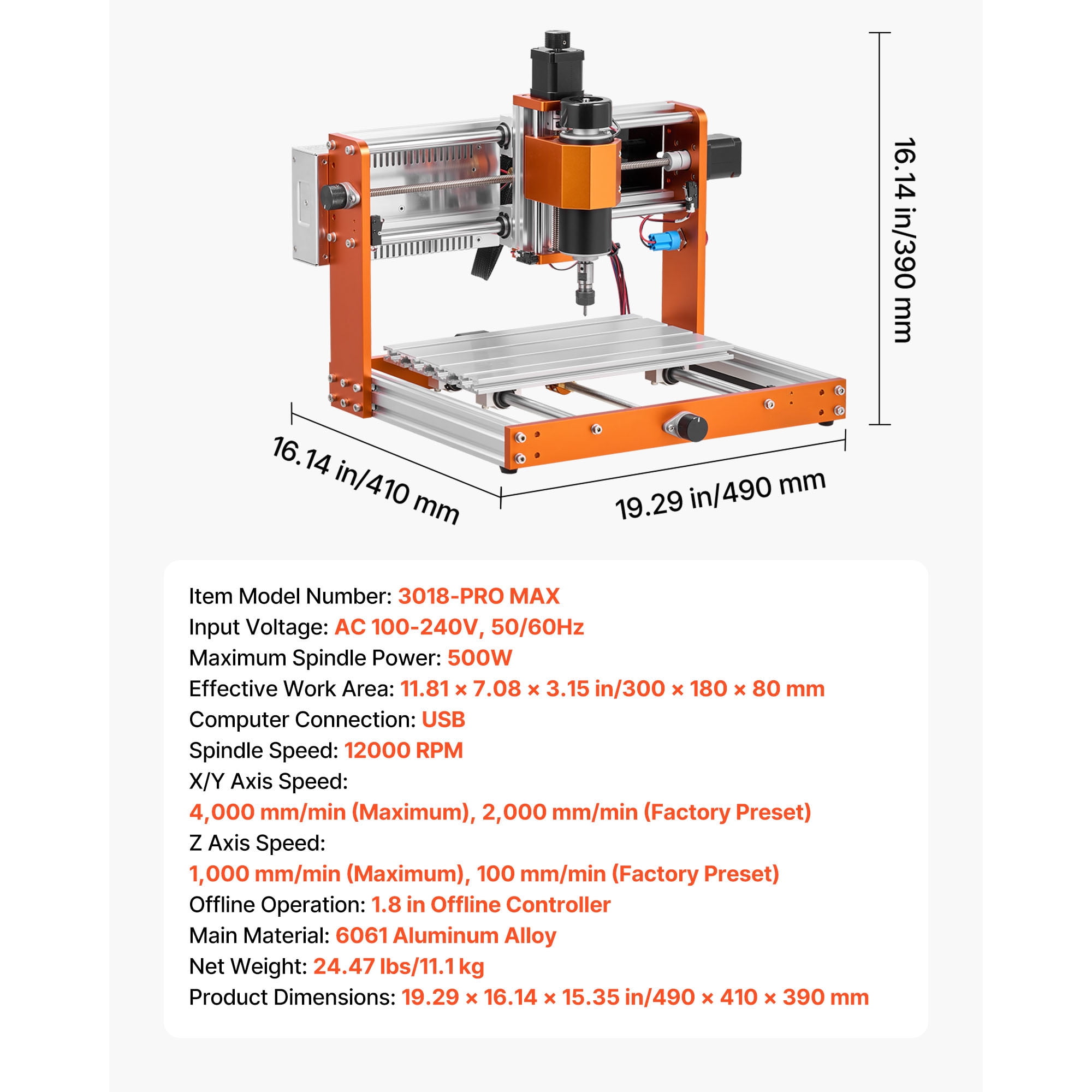 KFFKFF CNC Router Machine, 500W Spindle, 3-Axis Engraving and Milling Tool, featuring 300 x 180 x 80 mm Work Area, Offline Controller, Limit Switch, and Emergency Stop, suitable for Carving