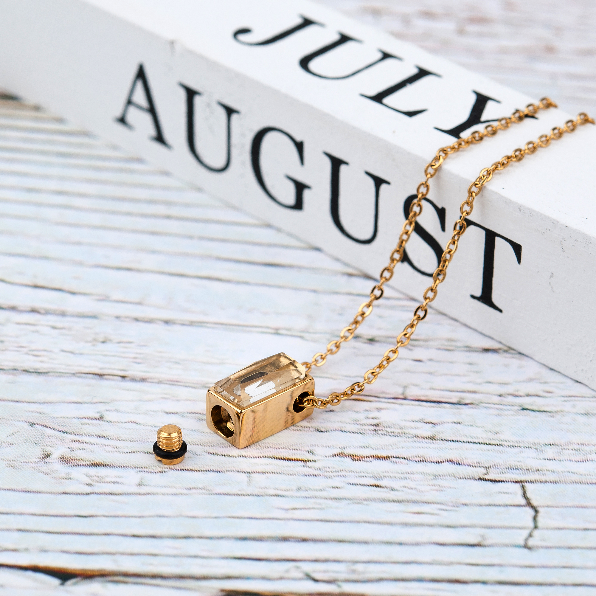 Anavia See You Cremation Necklace for Ashes, Mini See Through Urn Necklace, Mini Cube Cremation Pendant, Cremation Jewelry, Memorial Jewelry, Mini Urn-[Gold]