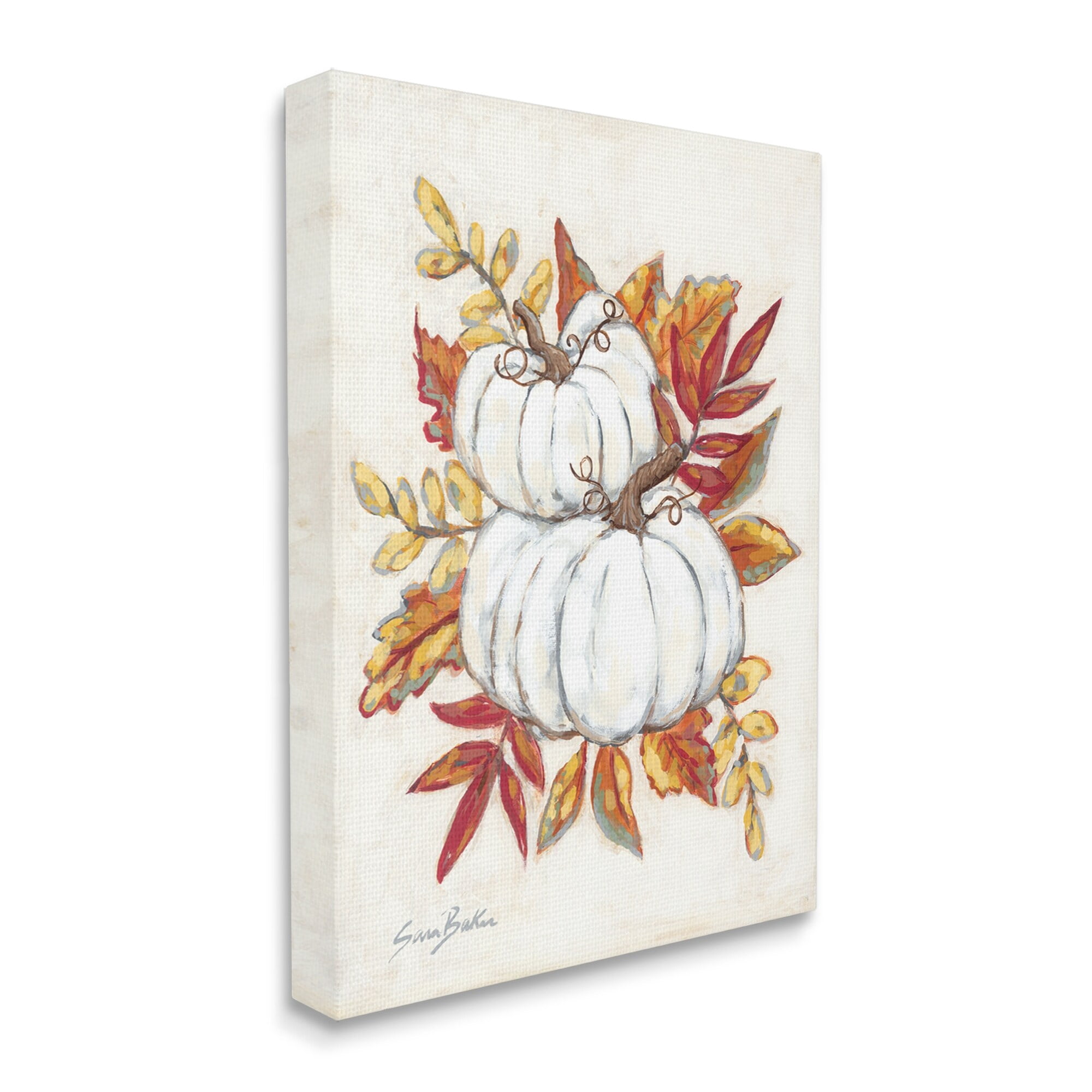 Stupell Industries White Pumpkins Stacked Red Orange Autumn Leaves, 30 x 40,Design by Sarah baker
