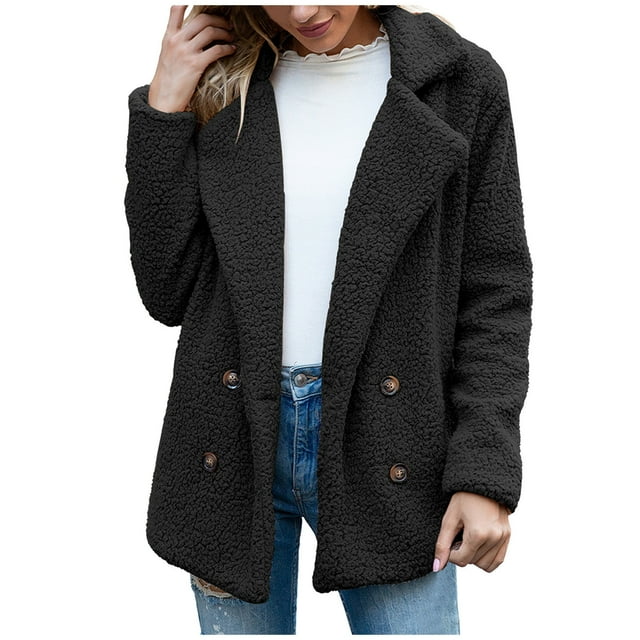 FAIWAD Womens Fuzzy Fleece Coats Lapel Button Down Open Front Cardigans Coat Plush Winter Warm Outwear