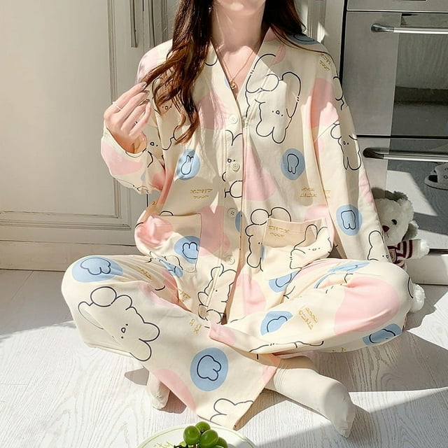 Pijama tipo kimono para niñas de primavera y otoño, pantalones de manga larga, cárdigan para niñas, ropa de casa, pijamas de algodón con dibujos animados bonitos