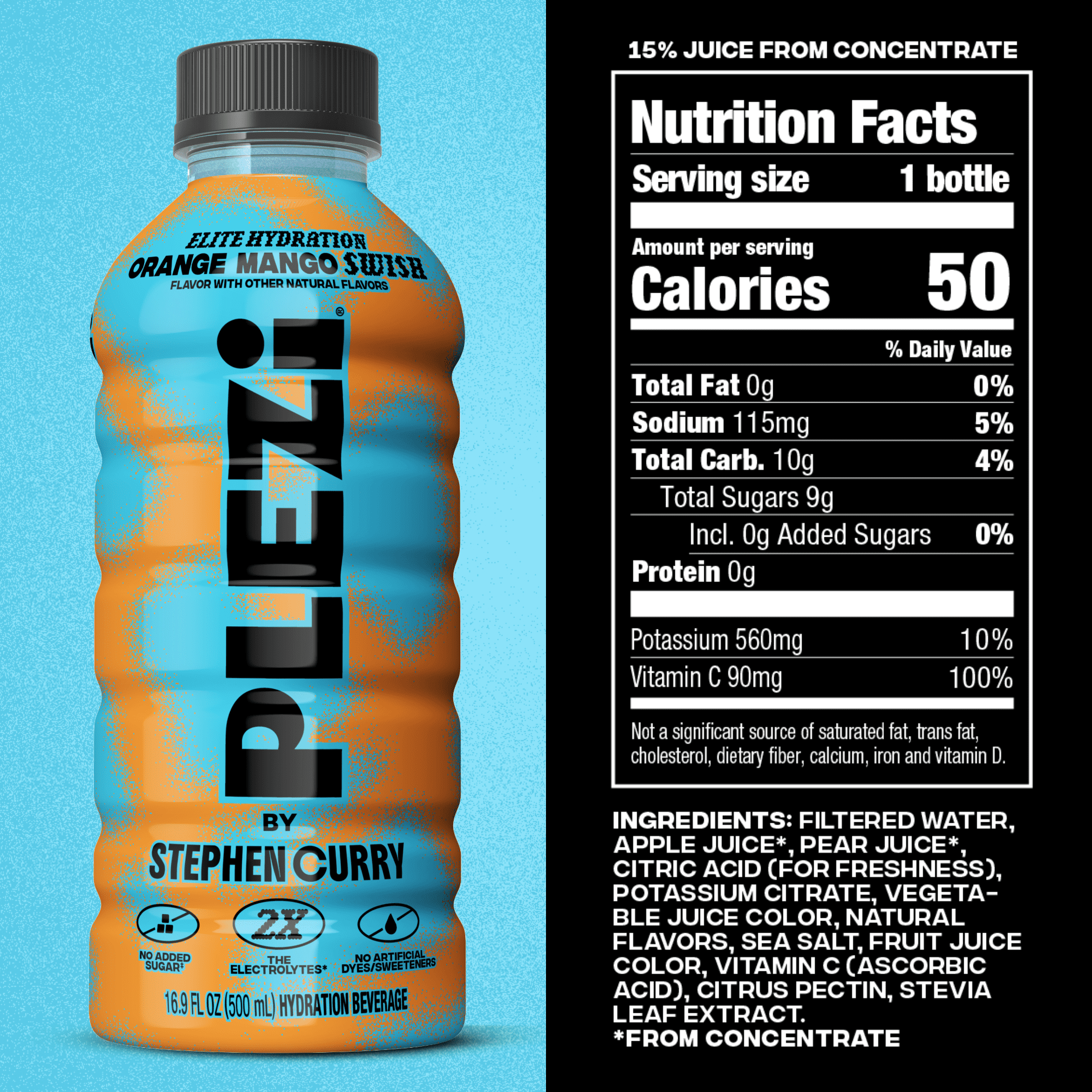 PLEZi Hydration Orange Mango Swish: Real Juice, 2X Electrolytes, 560mg Potassium, No Added Sugar, No Artificial Colors - 16.9 Fl Oz, 1 Count