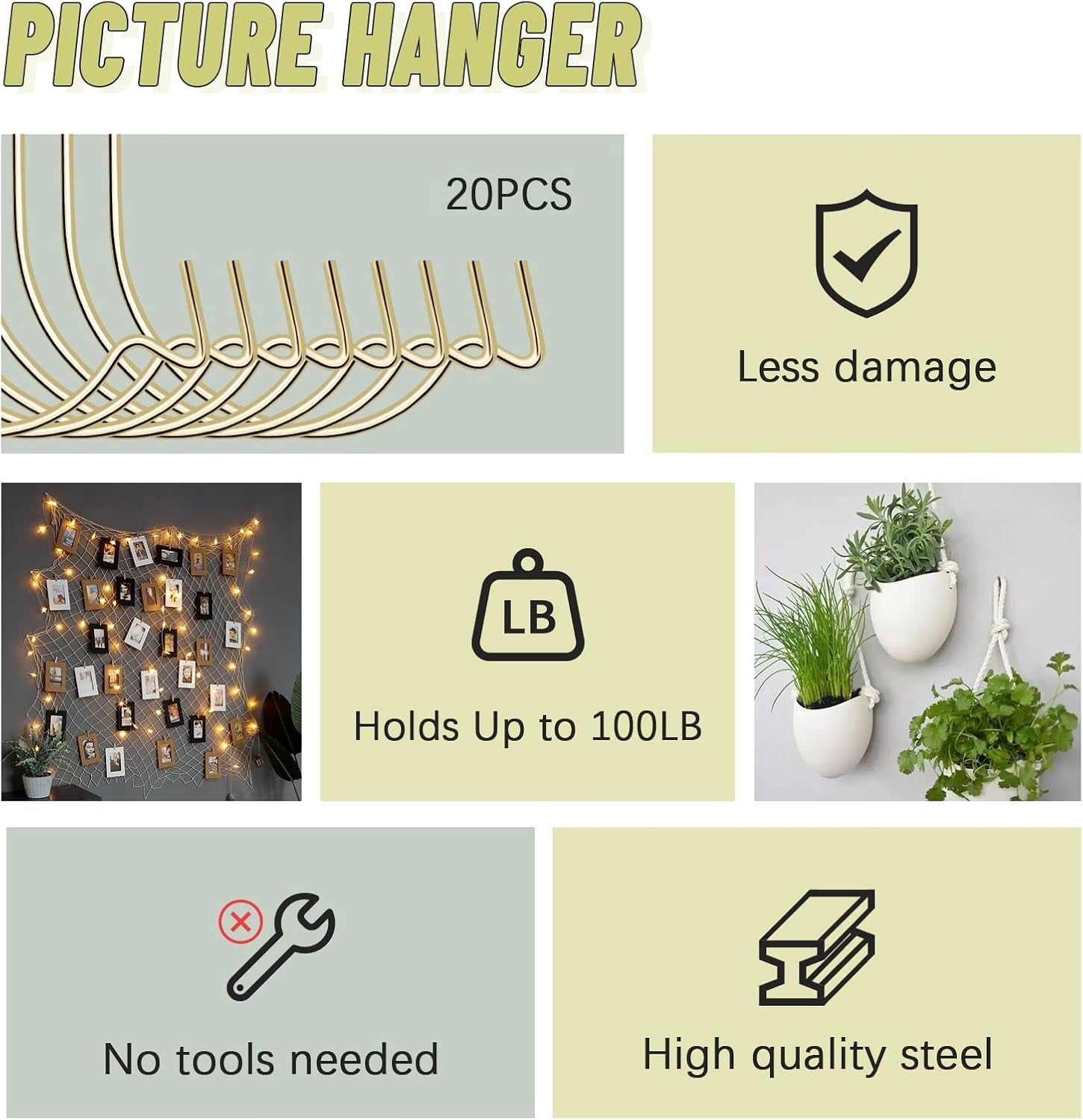 Stronger Super Hooks Picture Hanger for Hanging Art, Clock, Shelves, Mirrors, Frames, or Planters