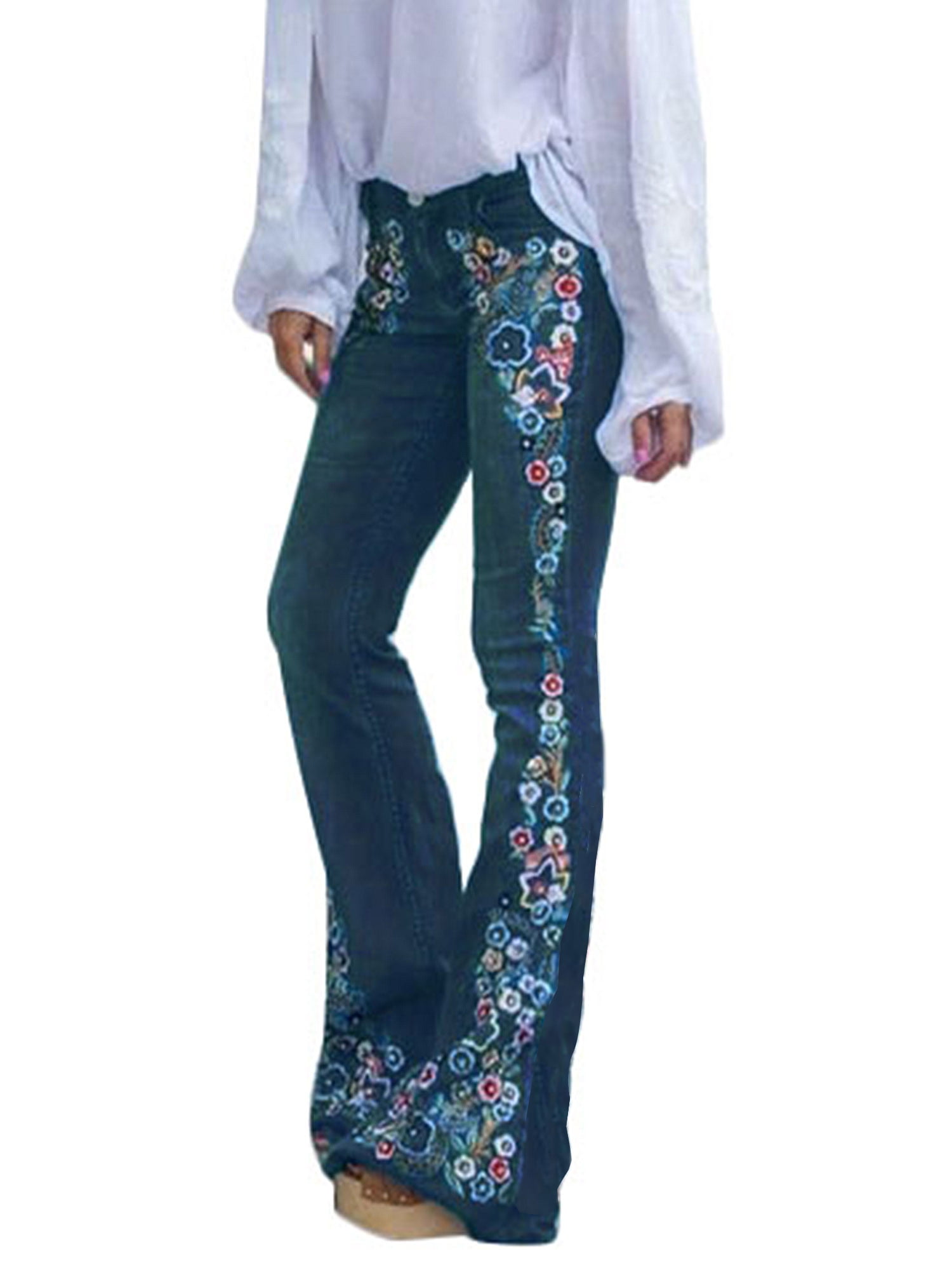 Fashion Denim Flare Pants Women Retro Embroidered Floral Jeans Wide Leg