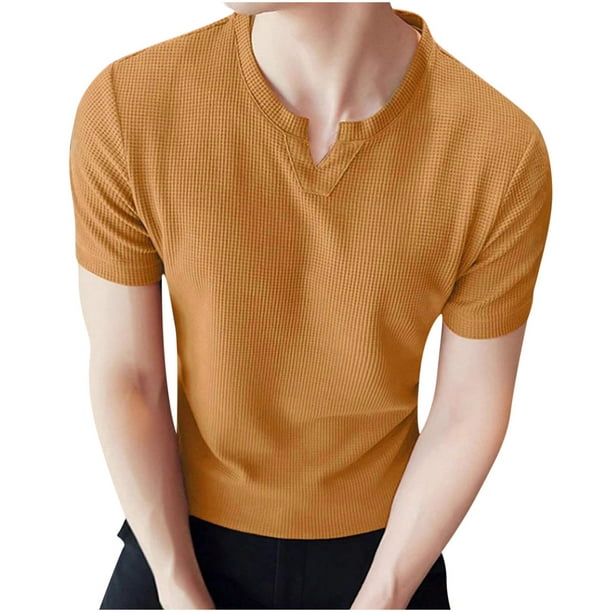 Camisas de Verano Casuales de Manga Corta de los Hombres Color Sólido V-Cuello Blusa de Fitness, 75% Poliéster 20% Rayón 5% Spandex