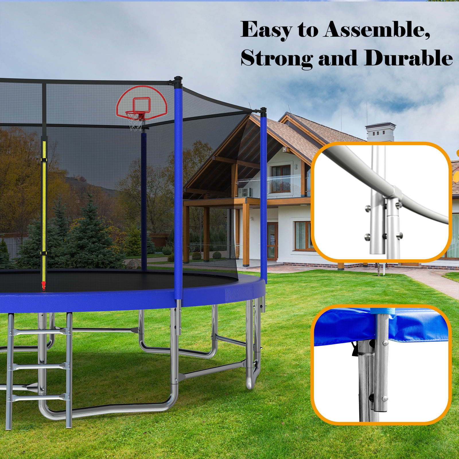 Hommoo 15FT Trampoline for Kids, Outdoor Backyards Large Recreational Trampoline with Basketball Hoop and Ladder, Safety Enclosure Net, Blue