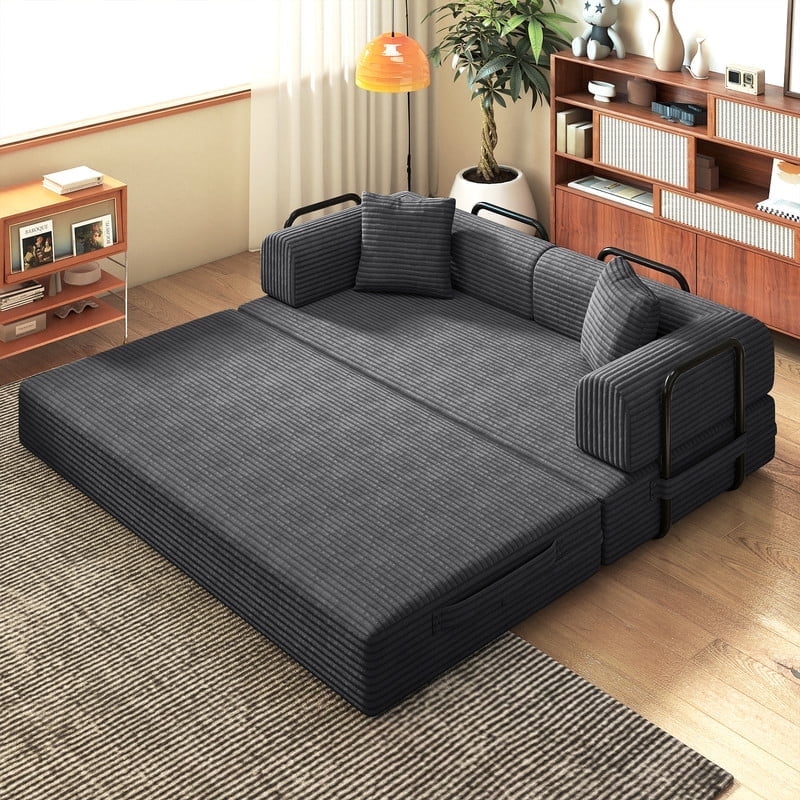 Daluvenix 4-in-1 Folding Convertible Sofa Bed 81 Inch Oversized Corduroy Upholstered Boneless Couch Loveseat Sleeper with Pull Out Bed Dark Gray