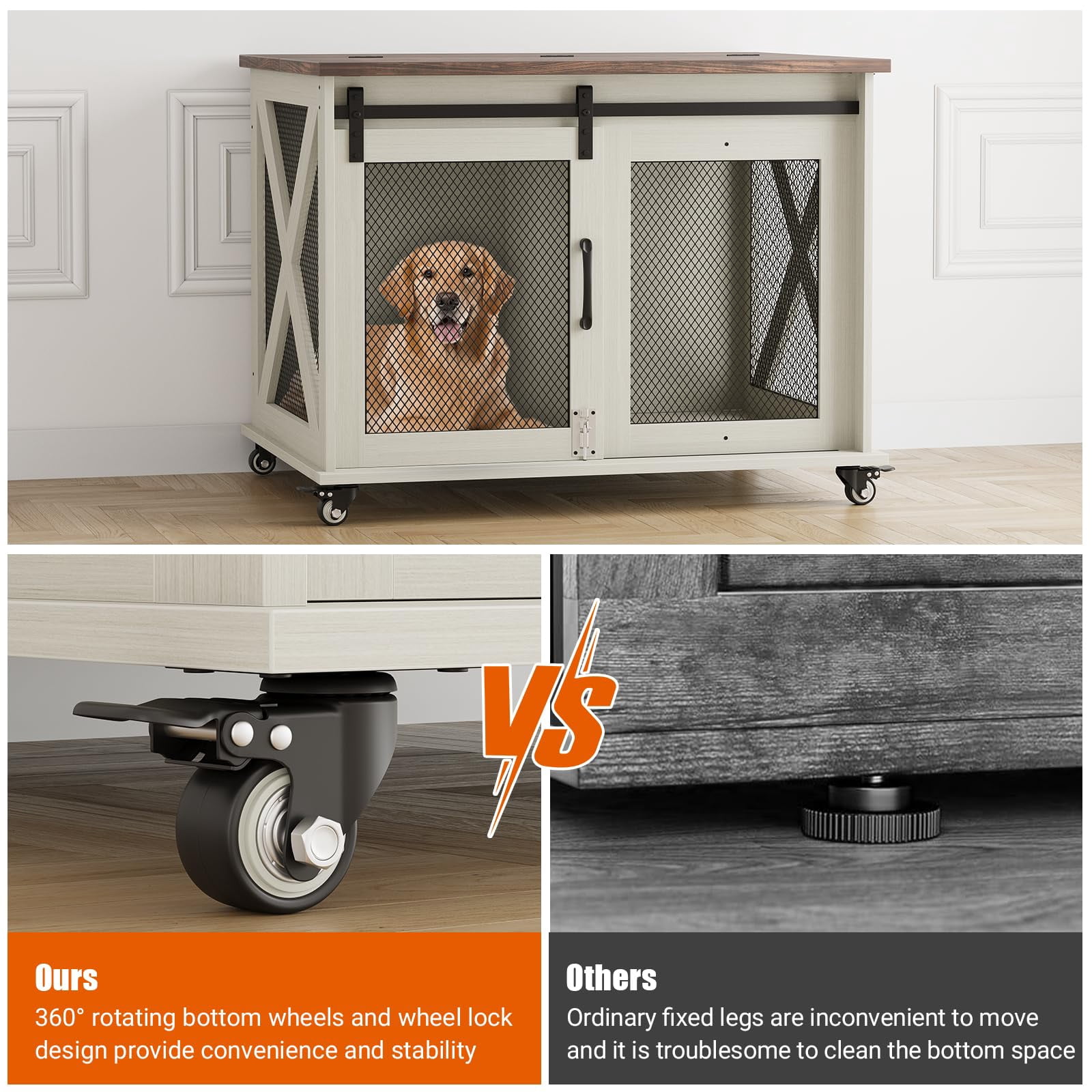 37" Dog Crate Furniture with Sliding Barn Door,Dog Kennel Indoor with Flip Top,Wheels and Removable Divider,Wooden Dog Cage Furniture for Medium Dogs,Large Corner Dog Crate Table Dog Crate End Table