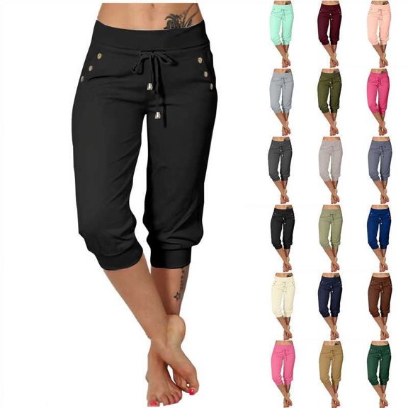 UVEASISHA Capri Pants for Women Elastic Waisted Drawstring Capris Stretch Cropped Yoga Pants with Pockets Beige L