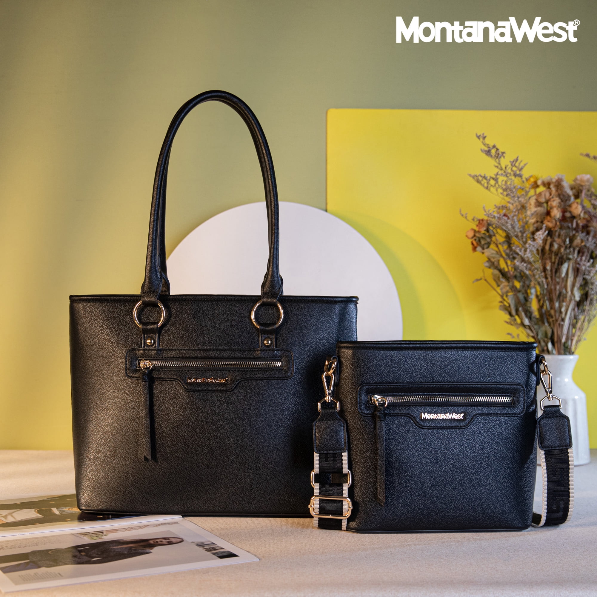 Montana West 2Pcs Handbags Set for Women Large Tote Bags Purse with Cute Crossbody bags, Black