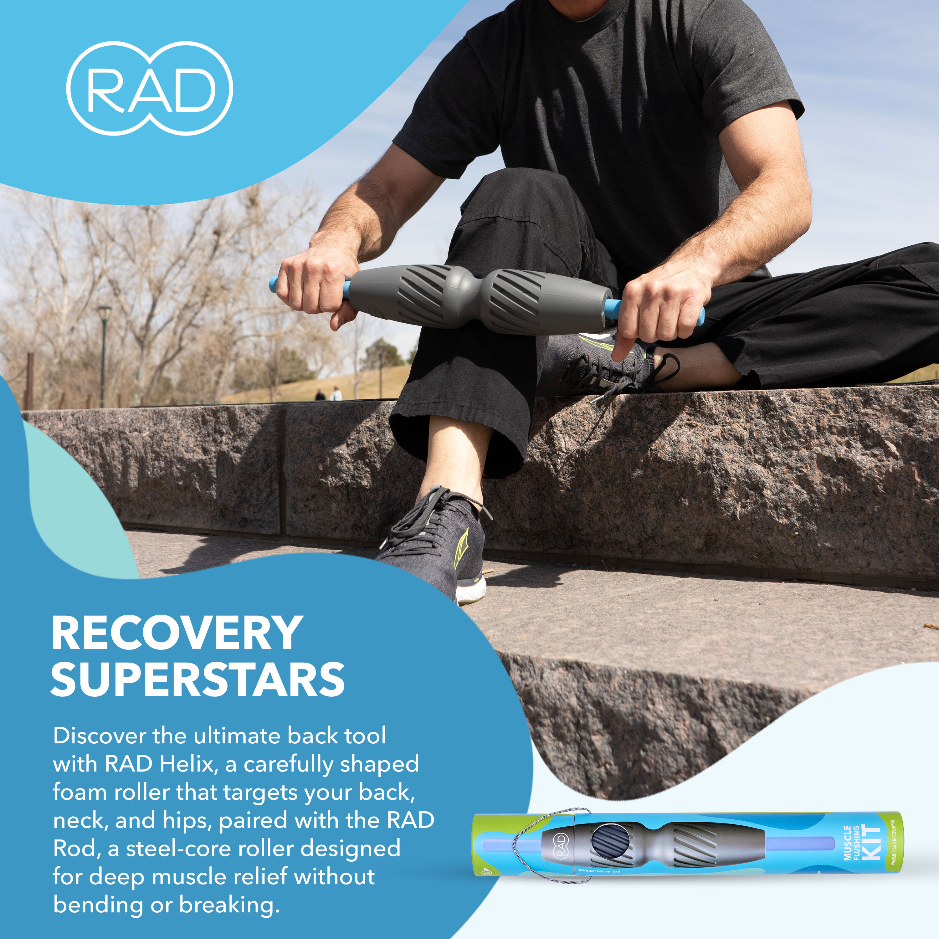RAD 2-in-1 Muscle Flushing Kit – Exercise Foam Roller & Massage Stick – Deep Tissue Muscle Recovery Tools