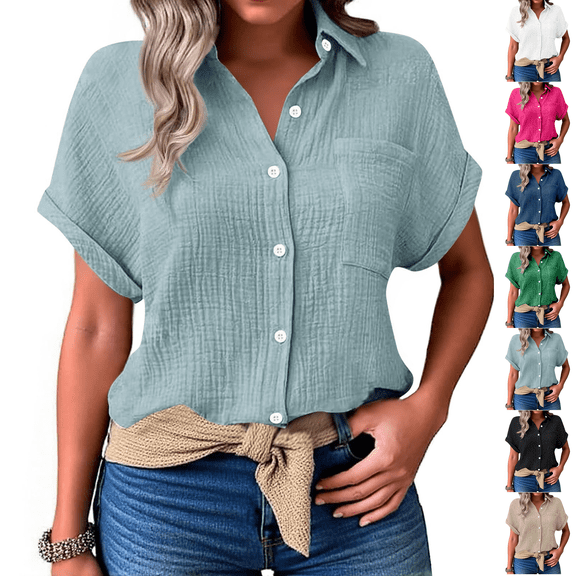 Womens Cotton Linen Gauze Shirts Loose Fit Button Down Blouses Casual Summer Textured Collared Crinkle Seersucker Tops Light Blue XL