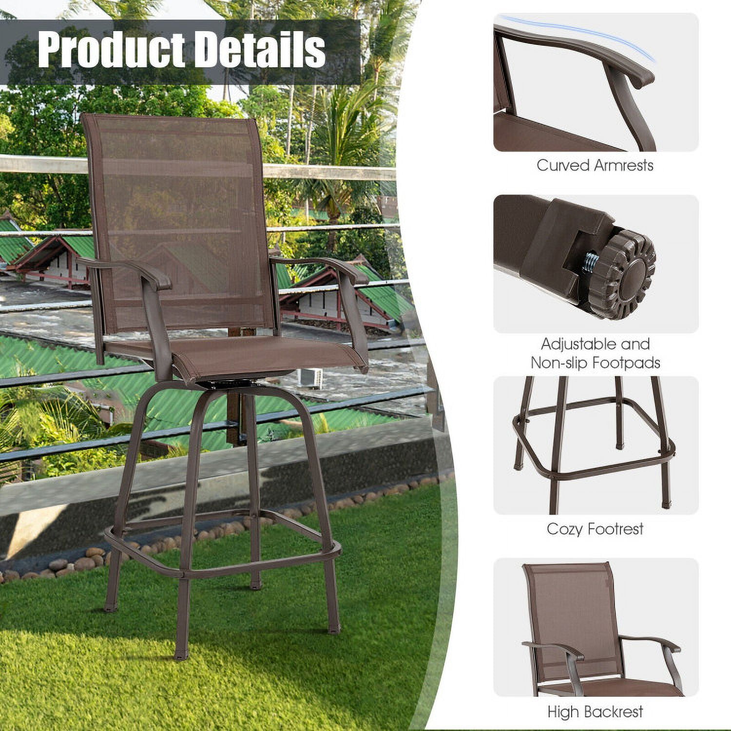 Aimee Lii 2 Pieces Patio 360 Rotation Swivel Bar Stool Set, Outdoor Patio Furniture, Brown