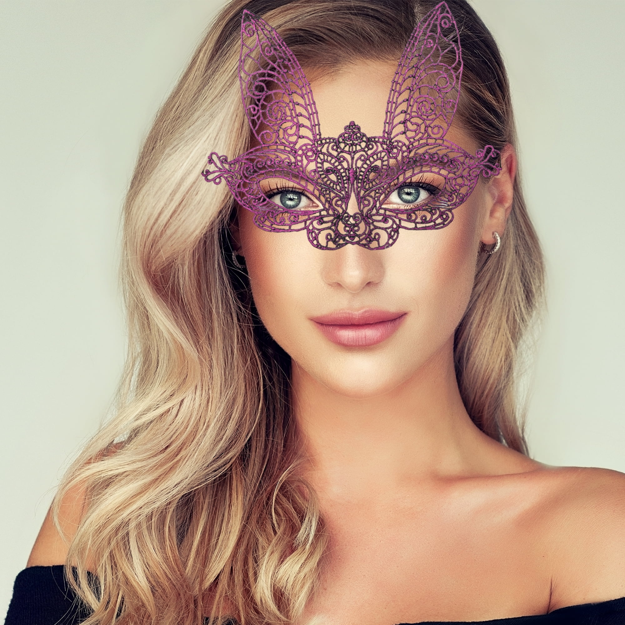 Unique Bargains 1 Box Elegant Lace Long-Ear Bunny Half Face Party Mask Purple