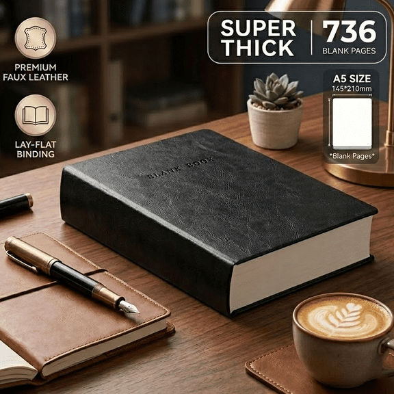 A5 Ultra-Thick Leather Journal, 736 Pages Blank Unlined Notebook, Waterproof PU Leather Heavy Duty Diary & Sketchbook with Lay-Flat Sewn Binding for College, Art & Office